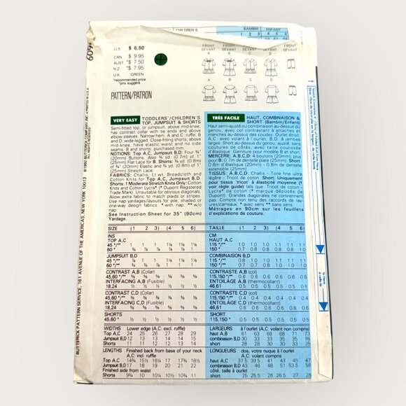 Vintage 1990s Butterick Sewing Pattern 6094 Childrens Top Jumpsuit Shorts Sz 4-6 - Picture 2 of 2